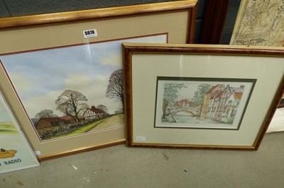 Lot 5076 - Rural watercolour with farm buildings and...