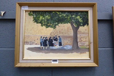 Lot 5085 - Oil on board by L Hasker, tree with figures