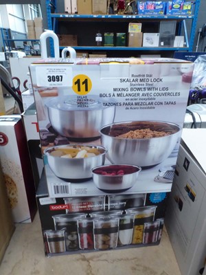 Lot 3097 - Mixing bowl set and Bodum clear storage jar set
