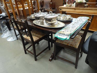 Lot 5214 - Dark oak drawer leaf table plus 4 chairs with...