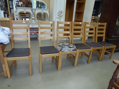 Lot 5328 - 6 oak ladderback dining chairs with drop end...