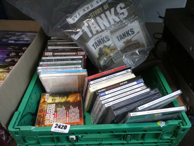 Lot 2420 - Box containing CDs, tank and other DVDs, photo...
