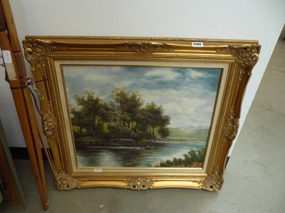 Lot 5380 - Oil on canvas country scene with river and...