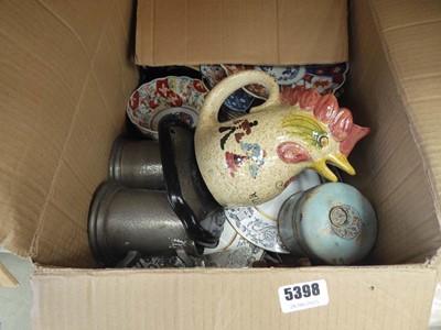 Lot 5398 - Box containing pewter tankards, Imari and...