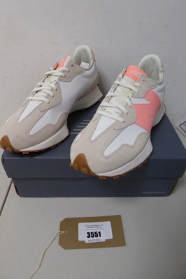 Lot 3551 - Boxed pair of New Balance 327, white/pink, UK 10