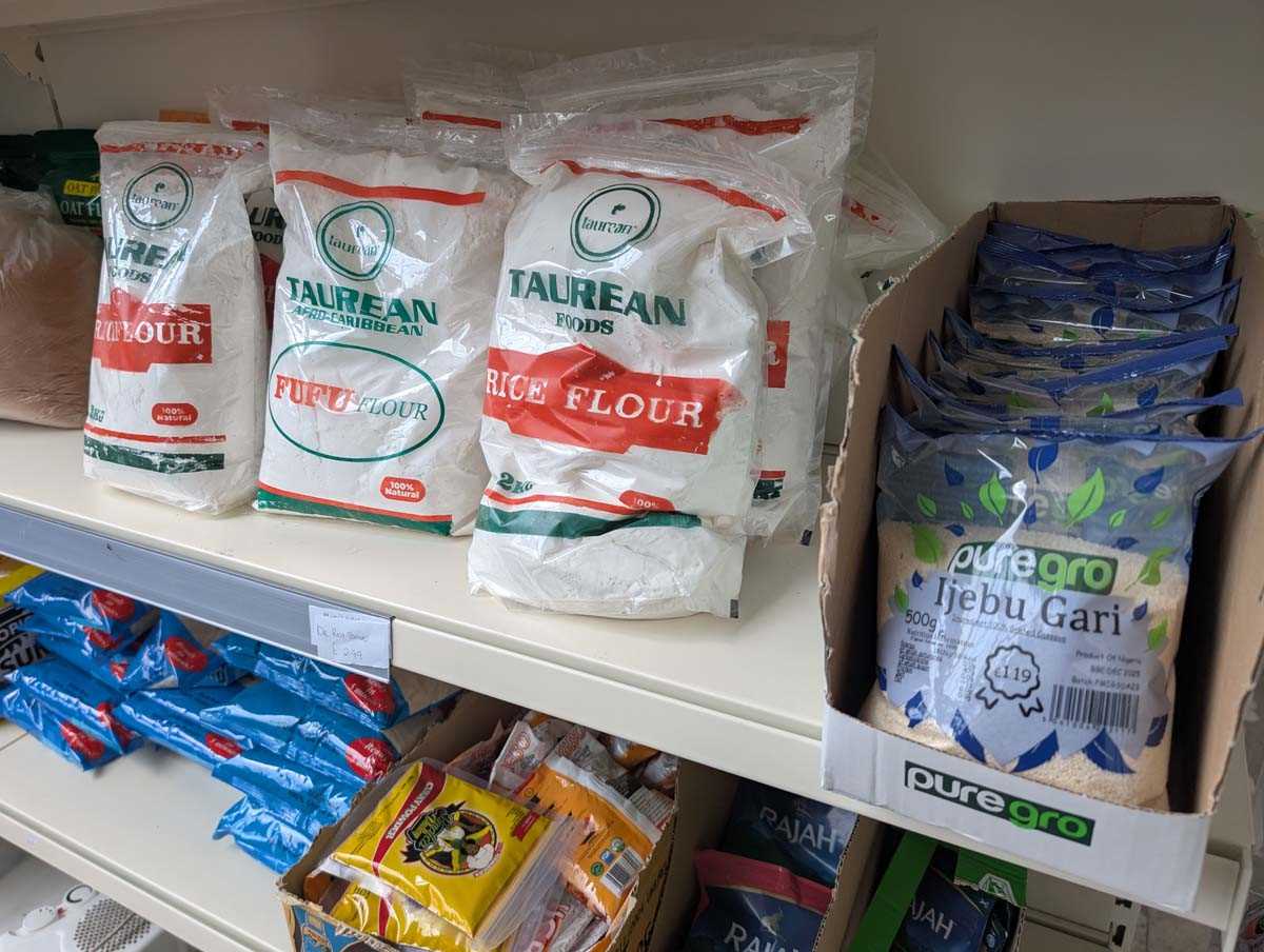 Lot 962 - Shelf of rice flour, fufu flour, plantain...