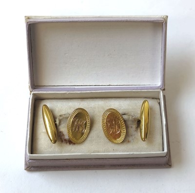 Lot 421 - A pair of 9ct gold cufflinks with engraved...