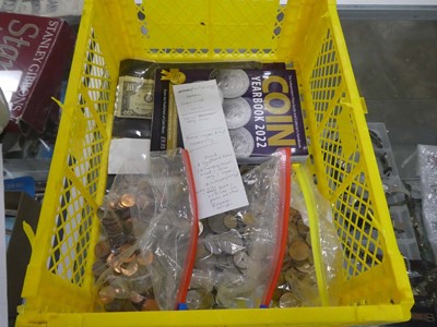 Lot 2370 - Box containing various mixed coins, banknotes,...