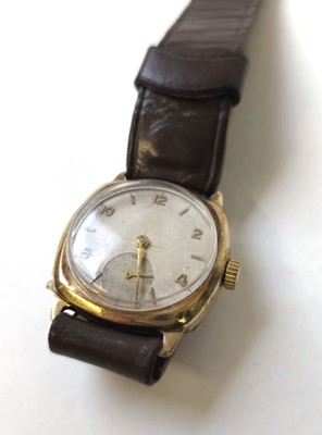 Lot 455 - A 9ct gold cushion cased mechanical wristwatch,...