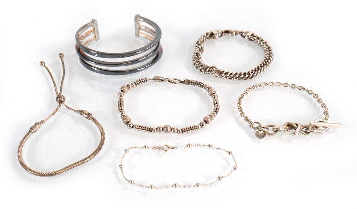 Lot 568 - Six silver bracelets including two Pandora...