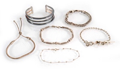 Lot 568 - Six silver bracelets including two Pandora...