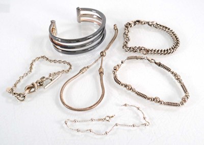 Lot 568 - Six silver bracelets including two Pandora...