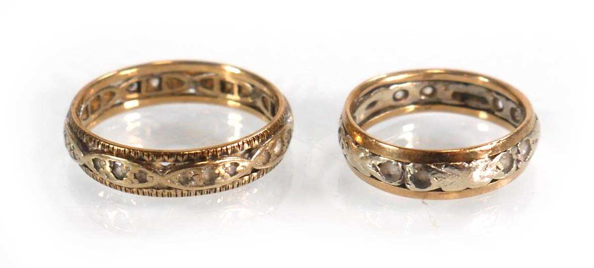 Lot 579 - Two 9ct yellow and white gold eternity rings,...