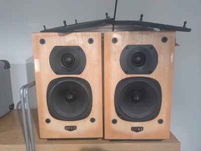 Lot 2120 - Pair of Quad 77-11L bookshelf speakers and cables
