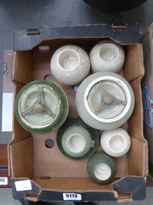 Lot 5113 - Box containing tobacco jars and match strikers