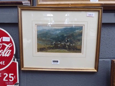 Lot 5066 - Robert Brindley watercolour, shepherd and flock