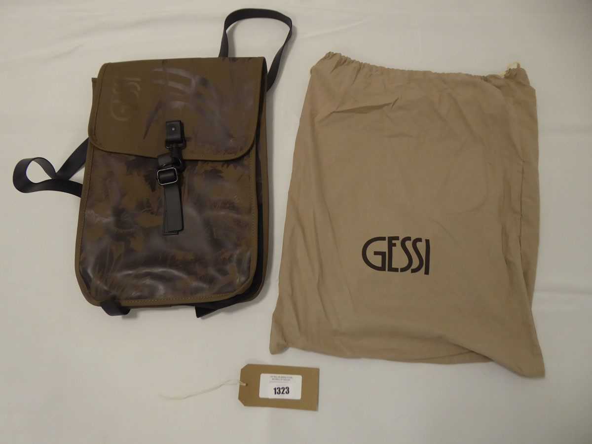 Lot 1323 - Gessi tropical leaf print khaki backpack with...