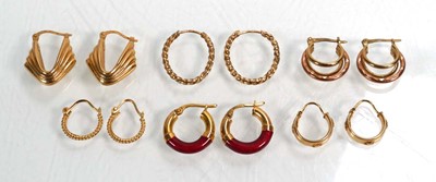 Lot 669 - Six pairs of 9ct yellow gold hoop earrings...