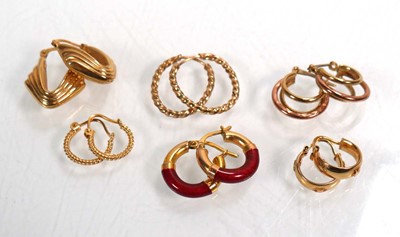 Lot 669 - Six pairs of 9ct yellow gold hoop earrings...