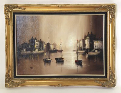 Lot 82 - Barry Hilton (contemporary), Boats at harbour,...