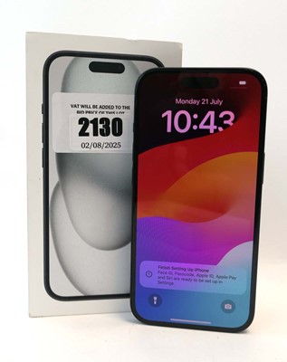 Lot 2130 - iPhone 15 128GB Black with box and cable