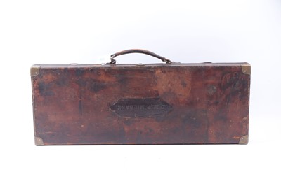 Lot 1416 - Oak and leather double gun case fitted for 30"...