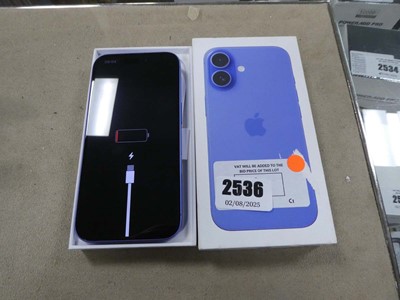 Lot 2536 - Boxed Apple iPhone 16 in ultramarine, 128 GB,...