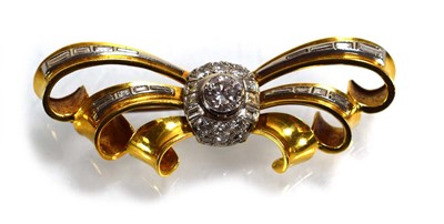 Lot 671 - An 18ct yellow gold brooch of bow design...