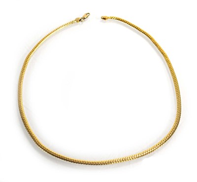 Lot 679 - An 18ct yellow gold flat curblink necklace...