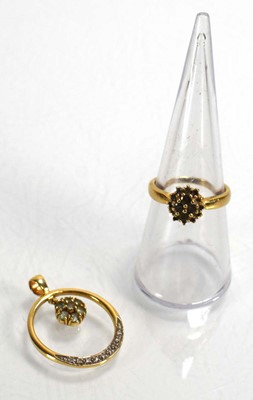 Lot 696 - A 14ct yellow gold cluster ring set small...