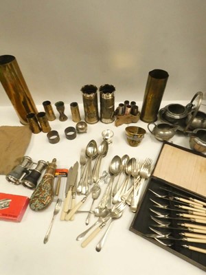 Lot 2051 - Assorted trench art, pewter, opera glasses and...