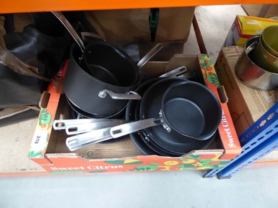 Lot 3113 - Shallow tray containing loose Kirkland cookware