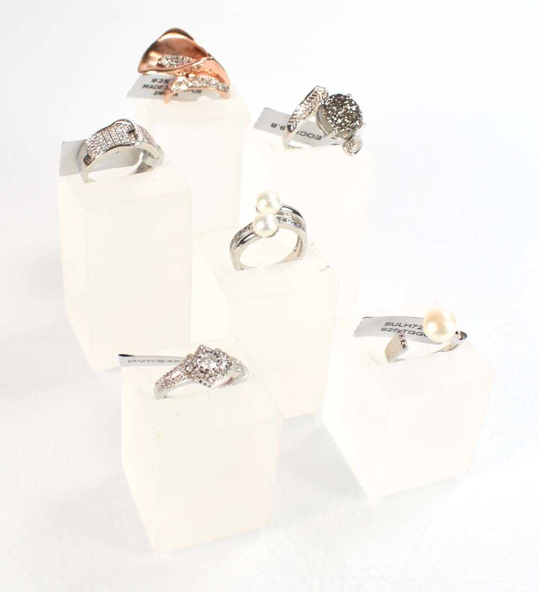 Lot 791 - Six silver dress rings set cultured pearls and...