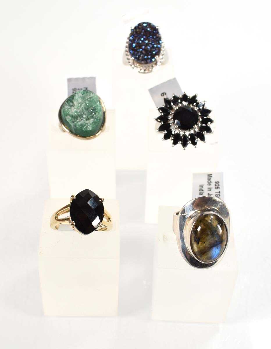 Lot 792 - Five silver dress rings set opaline, quartz...