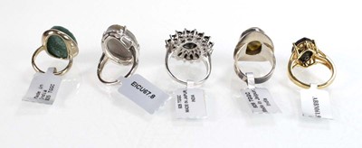 Lot 792 - Five silver dress rings set opaline, quartz...