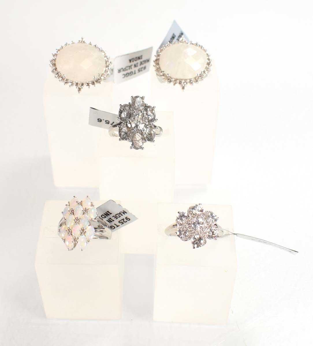 Lot 796 - Five silver dress rings set opaline, quartz...