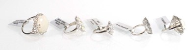 Lot 796 - Five silver dress rings set opaline, quartz...