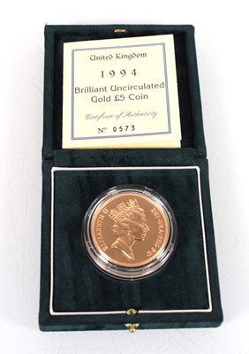 Lot A Royal Mint 1994 gold proof £5 coin, cased...