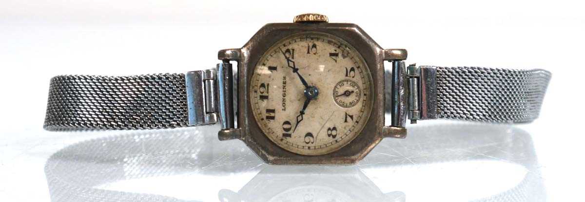Lot 907 - A ladies silver wristwatch by Longines, the...