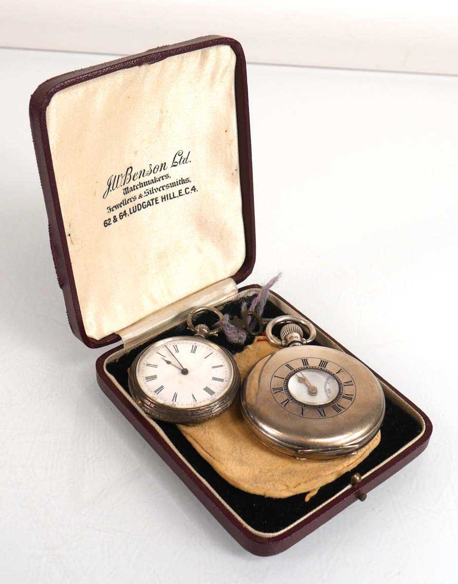 Lot 922 - A silver half hunter pocket watch by Benson,...