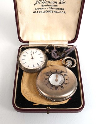 Lot 922 - A silver half hunter pocket watch by Benson,...