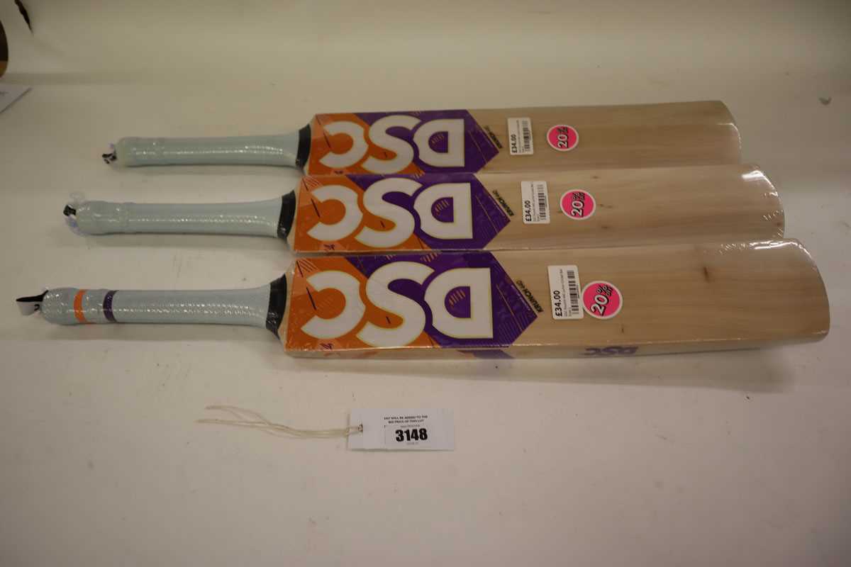 Lot 3x DSC Krunch cricket bats, 2x size 2, 1x size 1