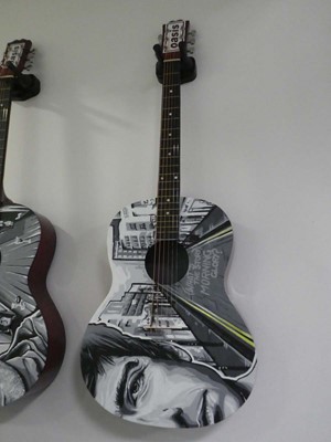 Lot 2195 - Two hand painted guitars by artist Lewyl,...