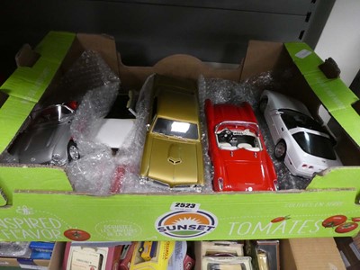 Lot 2523 - Box of reproduction vintage diecast sports cars