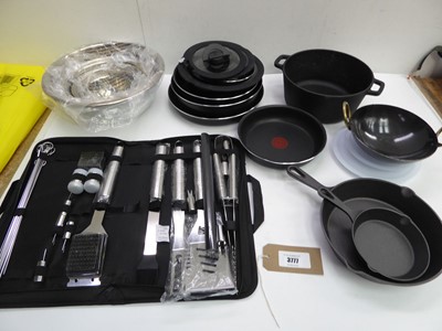 Lot 3777 - Cast iron stock pot & frying pans, Tefal pan...