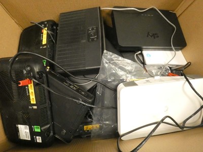 Lot 2411 - Box containing loose routers / hubs and TV boxes