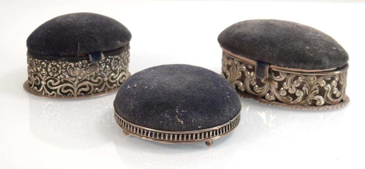 Lot A silver pin cushion/box of oval form, maker...