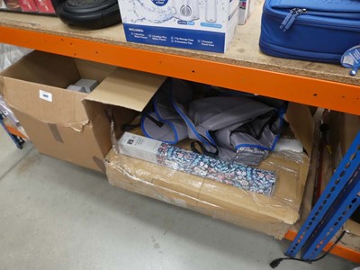 Lot 3066 - Box of mugs, blackout roman blind, paper etc