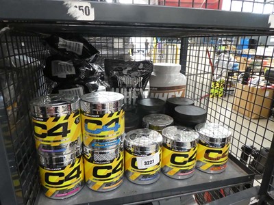 Lot 3227 - Cage containing various tubs of C4 pre-workout...