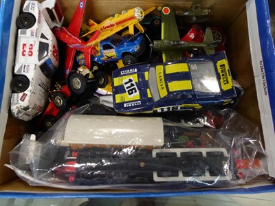 Lot 2376 - Box containing diecast cars, planes, trains etc.